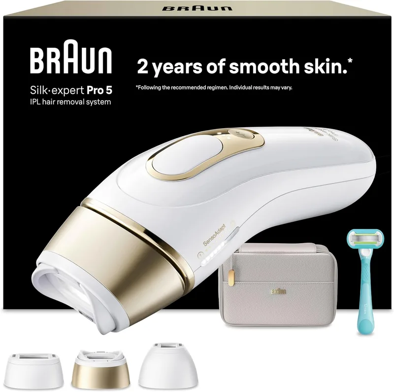 Braun ▫️ Depilador a Luz Pulsada Silk·expert Pro 5, IPL, Depilação a Laser em Casa para o Rosto e o Corpo, Redução Permanente dos Pêlos, Depilador a Laser com 3 Cabeças, Bolsa de Higiene e Máquina de Barbear Venus, PL5311