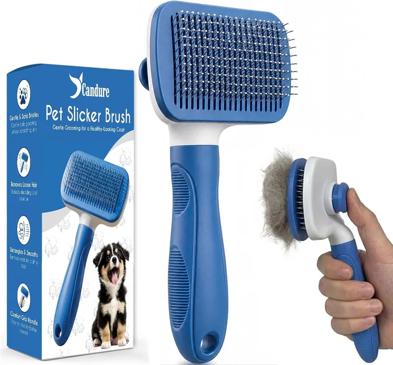 Candure ▫️ Pente para cães e escova para gatos que remove pêlo curto morto dos animais de estimação; escovas de higiene em aço inoxidável que desembaraçam os nós, para animais de estimação pequenos, médios e grandes (escova azul-celeste)