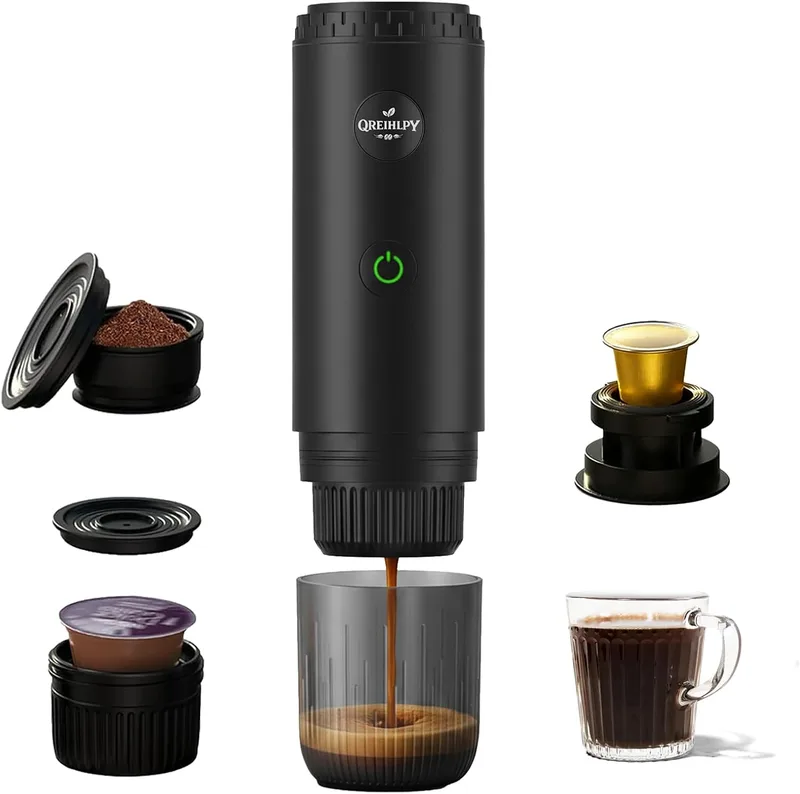 QREIHLPY ▫️ Máquina de café portátil 3 em 1, com pressão para um autêntico expresso com creme espesso, compatível com cápsulas Nespresso e café moído, com aquecimento automático, ideal para viagens, campismo, escritório e casa