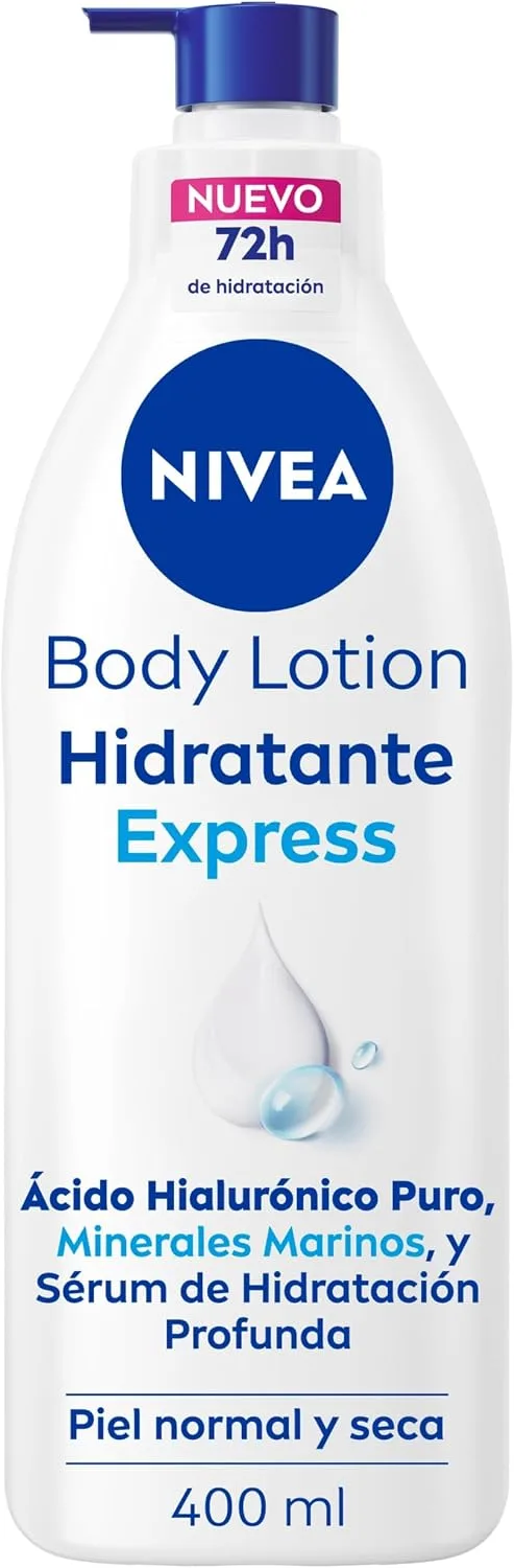 NIVEA ▫️ Loção Corporal Hidratante Express - Loção Corporal - 72 horas de hidratação - Ácido hialurónico, minerais marinhos e sérum de hidratação profunda - Fórmula ultraleve - Pele normal e seca - 400 ml