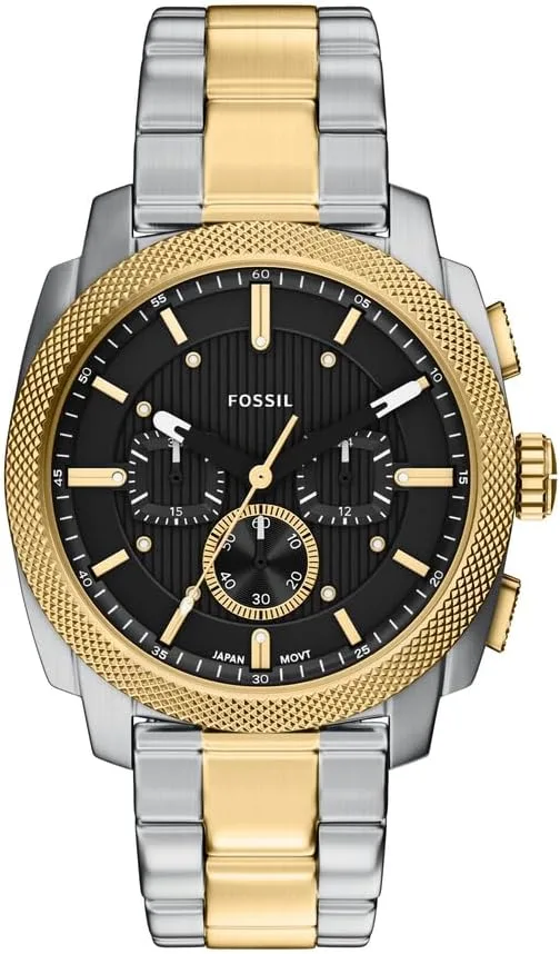 Fossil ▫️ Relógio New Machine para homem, movimento cronógrafo de quartzo de 44 mm com bracelete em aço inoxidável ou couro