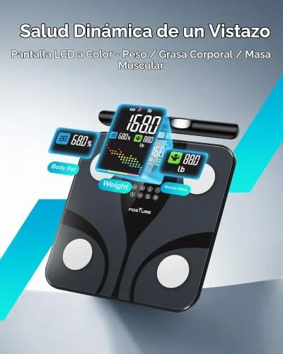 POSTURE ▫️ Balança de casa inteligente com medição de impedância, 8 elétrodos, ecrã a cores, 28 parâmetros de composição corporal, incluindo massa muscular e gordura corporal, plataforma ampla, aplicação Bluetooth, 180 kg 2