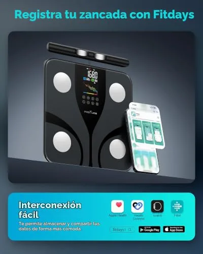 POSTURE ▫️ Balança de casa inteligente com medição de impedância, 8 elétrodos, ecrã a cores, 28 parâmetros de composição corporal, incluindo massa muscular e gordura corporal, plataforma ampla, aplicação Bluetooth, 180 kg 6