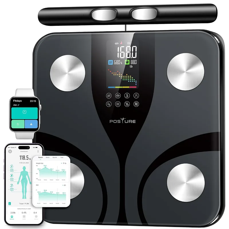 POSTURE ▫️ Balança de casa inteligente com medição de impedância, 8 elétrodos, ecrã a cores, 28 parâmetros de composição corporal, incluindo massa muscular e gordura corporal, plataforma ampla, aplicação Bluetooth, 180 kg