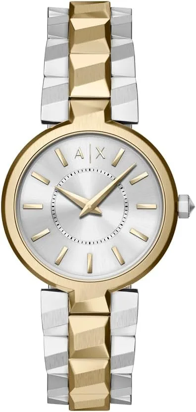 Armani Exchange ▫️ Relógio para mulher, movimento de quartzo com dois ponteiros e caixa de 34 mm com bracelete em aço inoxidável ou couro