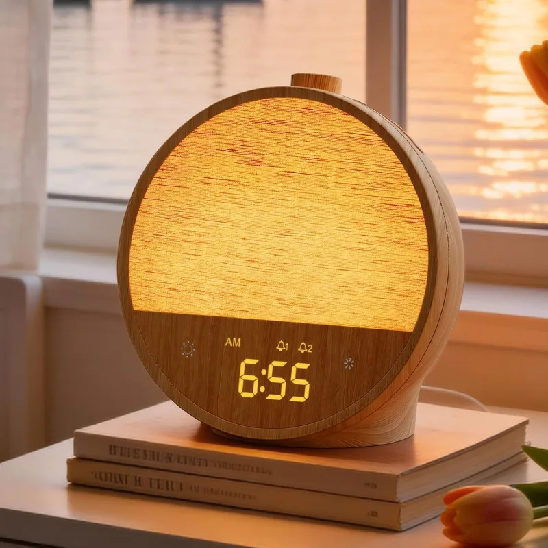 blonbar ▫️ Despertador com luz e simulação de amanhecer, candeeiro de cabeceira com 10 sons naturais e 10 sons brancos, candeeiro de mesa com luz ambiente RGB, despertador suave para o quarto