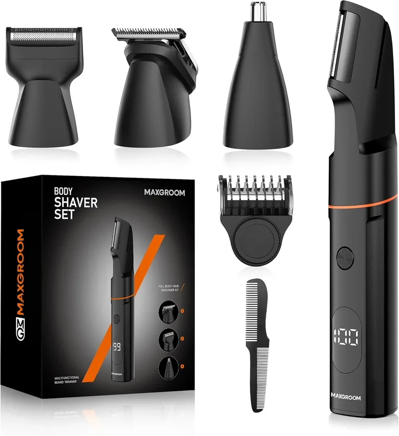 MAXGROOM ▫️ Máquina de barbear corporal para homem, conjunto de depilação corporal para homem, máquina de barbear masculina 4 em 1 para o corpo, órgãos genitais e zonas íntimas, máquina de barbear húmida e seca, aparador húmido e seco