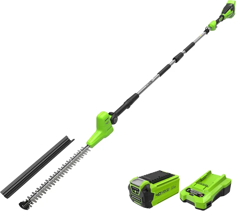 Greenworks ▫️ 40 V, aparador de sebes com haste extensível e eixo divisível, lâminas de dupla ação de 51 cm, Corta ramos com 28 mm de espessura, cabeça pivotante a 112,5°, 3200 SPM, bateria de 2 Ah e carregador PH40B01-01