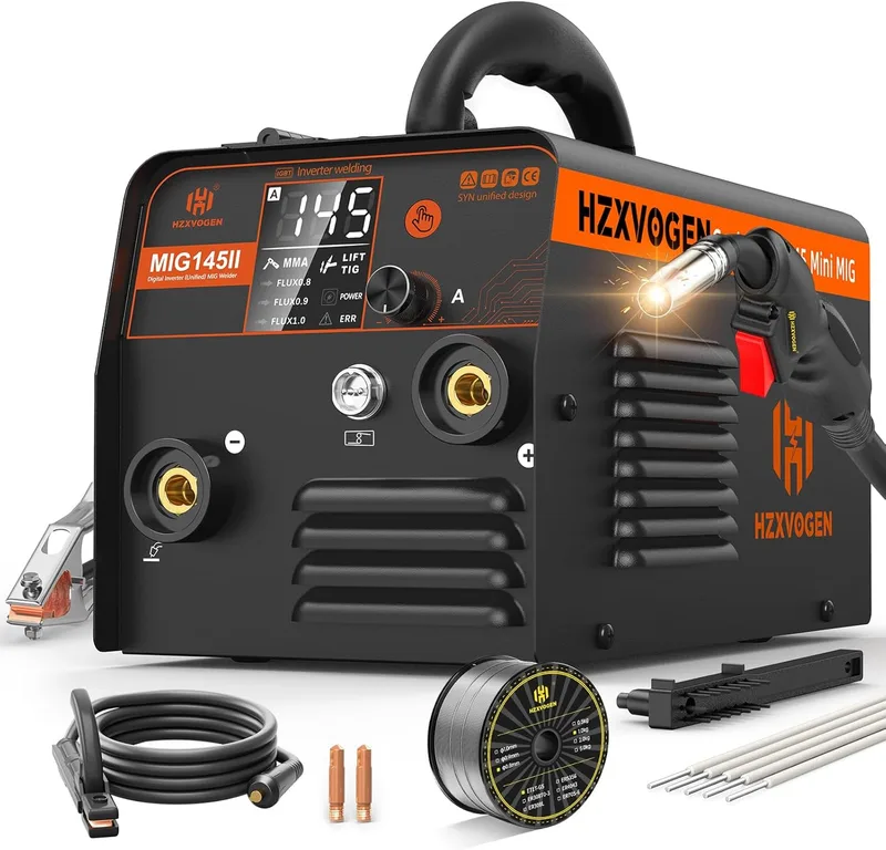 H HZXVOGEN ▫️ MIG145II 145A Soldador de fio sem gás, 3 em 1 MIG/ARC/Lift TIG, avanço sincronizado, inversor IGBT, ecrã LED, compacto para principiantes e amadores
