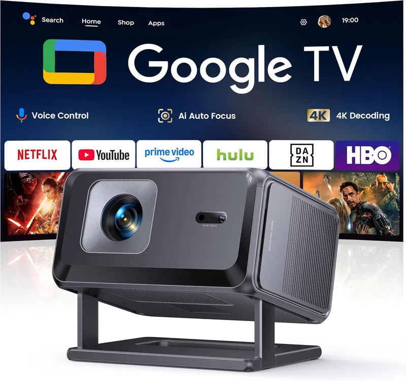 TOPTRO ▫️ Projetor 4K【Google TV/Aplicativos oficiais/Foco automático/Keystone】Projetor portátil Controle de idioma de aplicativo integrado FHD 1080P nativo, WiFi 6 e Bluetooth SmartProjector para celular/exterior/cinema em casa/teto.
