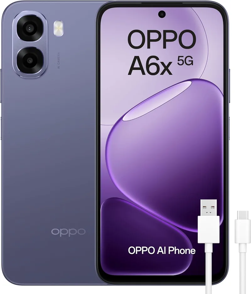 OPPO ▫️ A6x 5G - Smartphone desbloqueado com IA, 6 GB de RAM + 256 GB, bateria de 6100 mAh, ecrã LCD HD+ a 120 Hz, IP64, câmara de 50 MP com IA, Dual SIM, versão espanhola - Preto