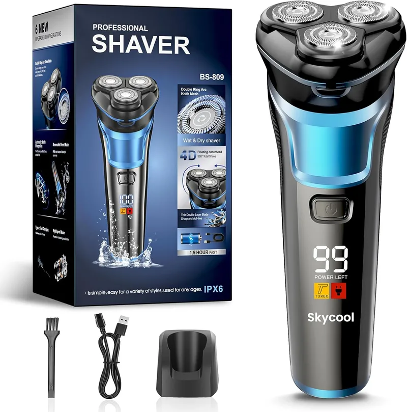 Skycool ▫️ Electric Shaver Man, Shaver Man Wireless Recarregável, Máquina de barbear a seco e a húmido com aparador emergente, dois modos de velocidade, ecrã Led