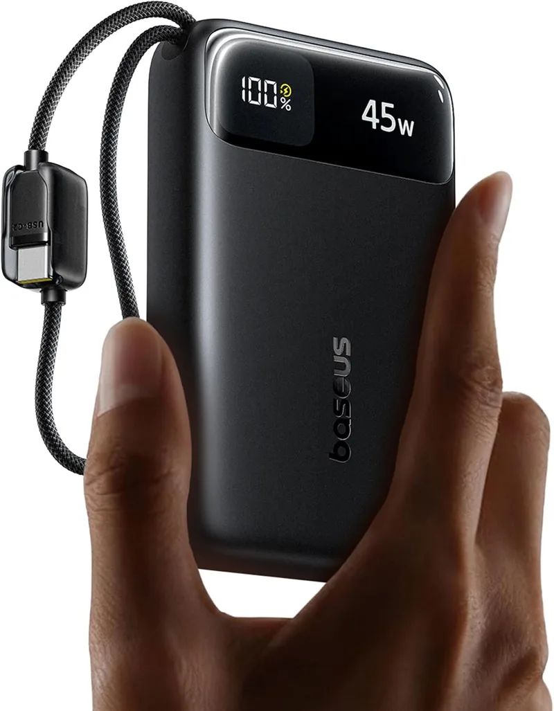 Baseus ▫️ FC11 Powerbank 45W 20000mAh com 2 cabos USB-C incorporados, bateria externa de carregamento rápido com certificação CCC, mini banco de potência para iPhone 17/16/15/14 Pro MAX, iPad, Samsung, preto