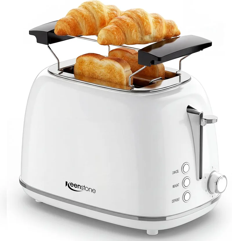Keenstone ▫️ Torradeira de 2 fatias com design retro - ranhuras extra largas em aço inoxidável, 6 níveis de torragem, função de aquecimento e descongelamento. Perfeita para bagels, torradas, pão e muito mais - inclui tabuleiro removível