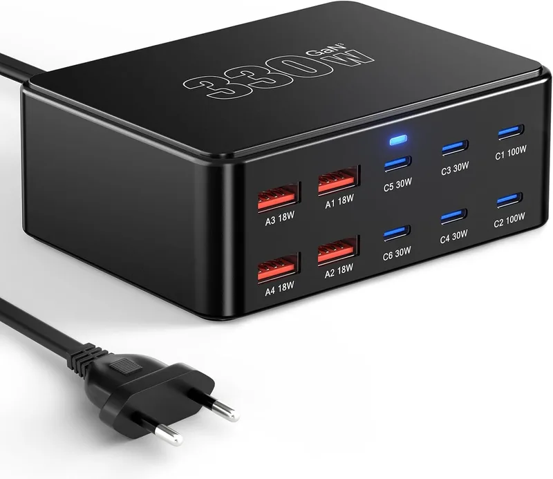 Sefitopher ▫️ Carregador USB-C de 330 W, carregador rápido PD de 100 W com 10 portas, estação de carregamento GaN III, fonte de alimentação USB-C GaN para MacBook Pro/Air, computador portátil, iPhone 17/16 Pro/iPad