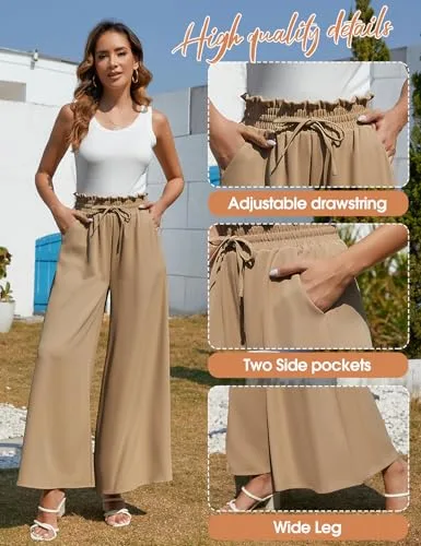 CMTOP ▫️ Calças de Verão para Mulher, Modelo Palazzo, Leves, Elásticas, de Cintura Alta, Calças Casuais, Largas, Soltas, Confortáveis, Calças de Praia com Bolsos e Cordão 4