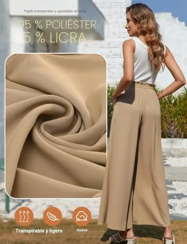 CMTOP ▫️ Calças de Verão para Mulher, Modelo Palazzo, Leves, Elásticas, de Cintura Alta, Calças Casuais, Largas, Soltas, Confortáveis, Calças de Praia com Bolsos e Cordão 5