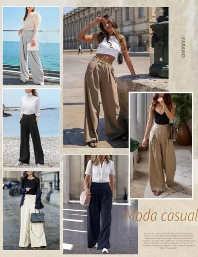 CMTOP ▫️ Calças de Verão para Mulher, Modelo Palazzo, Leves, Elásticas, de Cintura Alta, Calças Casuais, Largas, Soltas, Confortáveis, Calças de Praia com Bolsos e Cordão 6