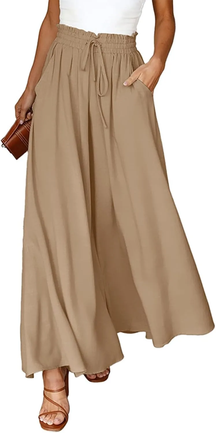 CMTOP ▫️ Calças de Verão para Mulher, Modelo Palazzo, Leves, Elásticas, de Cintura Alta, Calças Casuais, Largas, Soltas, Confortáveis, Calças de Praia com Bolsos e Cordão