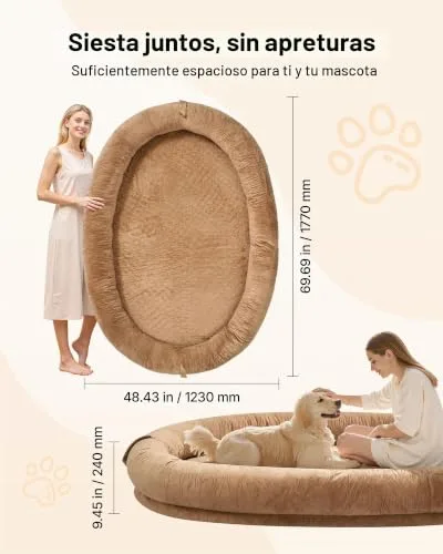 VEVOR ▫️ Cama para cães com design oval, tamanho para humanos, 177 x 123 x 24 cm, ortopédica, em espuma viscoelástica, com bolso lateral, alça e fecho, capa removível e lavável na máquina, castanho 2