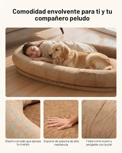 VEVOR ▫️ Cama para cães com design oval, tamanho para humanos, 177 x 123 x 24 cm, ortopédica, em espuma viscoelástica, com bolso lateral, alça e fecho, capa removível e lavável na máquina, castanho 3