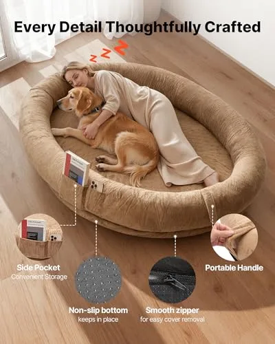 VEVOR ▫️ Cama para cães com design oval, tamanho para humanos, 177 x 123 x 24 cm, ortopédica, em espuma viscoelástica, com bolso lateral, alça e fecho, capa removível e lavável na máquina, castanho 4