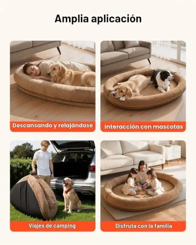 VEVOR ▫️ Cama para cães com design oval, tamanho para humanos, 177 x 123 x 24 cm, ortopédica, em espuma viscoelástica, com bolso lateral, alça e fecho, capa removível e lavável na máquina, castanho 6