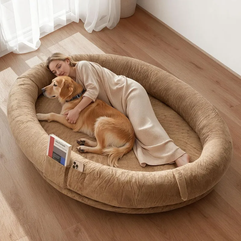 VEVOR ▫️ Cama para cães com design oval, tamanho para humanos, 177 x 123 x 24 cm, ortopédica, em espuma viscoelástica, com bolso lateral, alça e fecho, capa removível e lavável na máquina, castanho