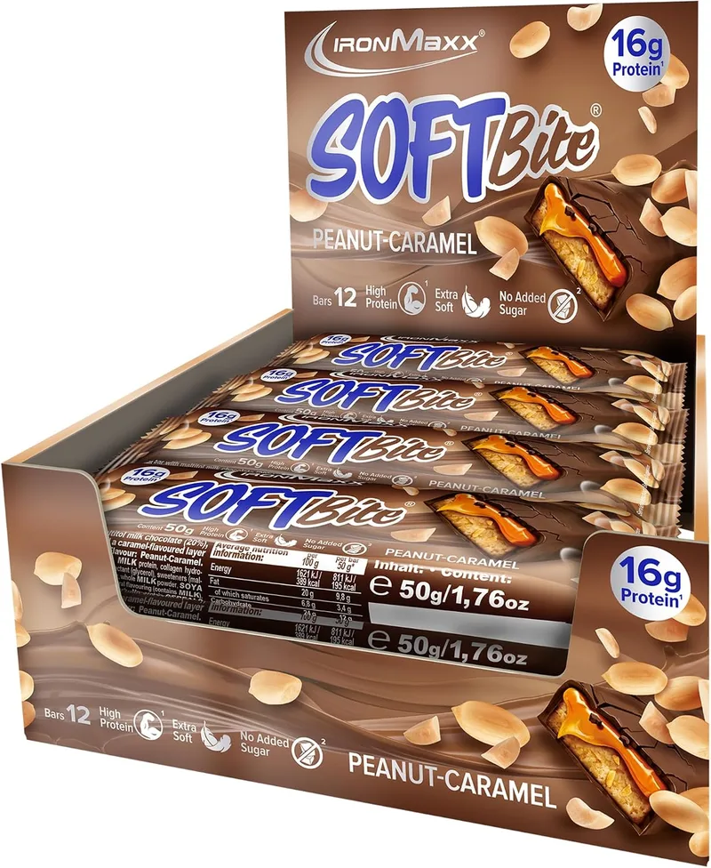 IronMaxx ▫️ SoftBite Barra Proteica de Amendoim e Caramelo, 12 × 50 g – Textura Extra Suave, Elevado Teor de Proteínas e Fibras, Sem Açúcares Adicionados, Ideal para o Consumo Diário