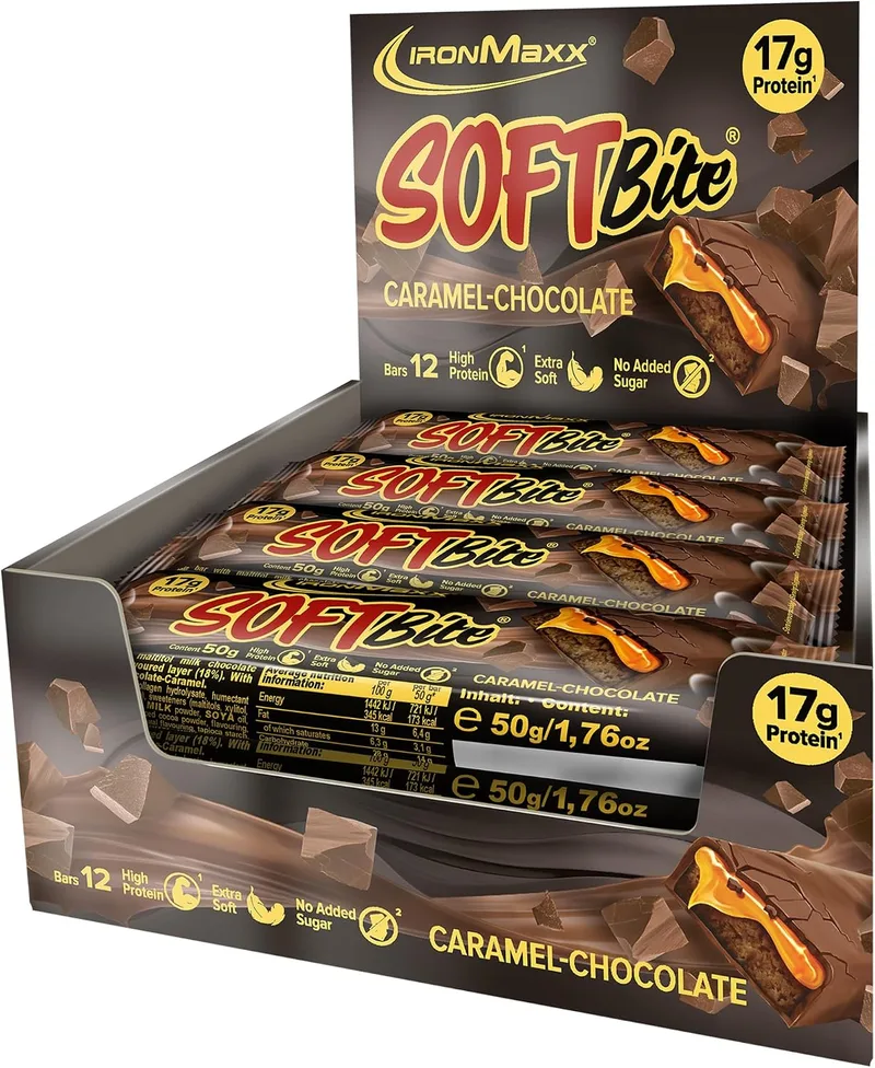 IronMaxx ▫️ SoftBite Barra Proteica de Chocolate e Caramelo, 12 × 50 g – Textura extra suave, elevado teor de proteínas e fibra, sem açúcares adicionados, ideal para levar