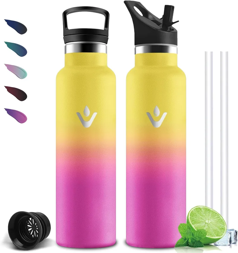 Mujigaga ▫️ Garrafa de aço inoxidável de 1 litro, à prova de fugas, garrafa com palhinha, sem BPA, mantém-se fria durante 24 horas/12 horas quente, garrafa de água para ioga, campismo, caminhadas, desporto, etc.