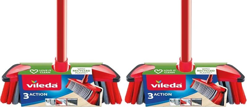 Vileda ▫️ 3Action - Vassoura para interiores com 3 cerdas Vermelho - Cinzento, 28 x 14 x 4 cm (Embalagem de 2)