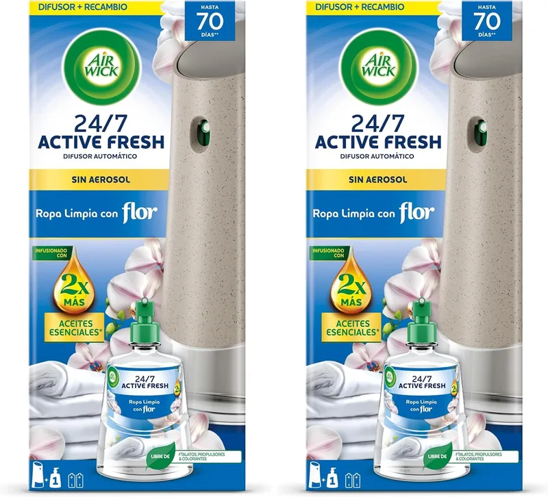 Air Wick ▫️ Active Fresh Automatic Non-Aerosol Spray - Fragrância de roupa limpa, 2 vezes mais óleos essenciais - Unidade difusora + recarga, até 70 dias de duração (Embalagem de 2)