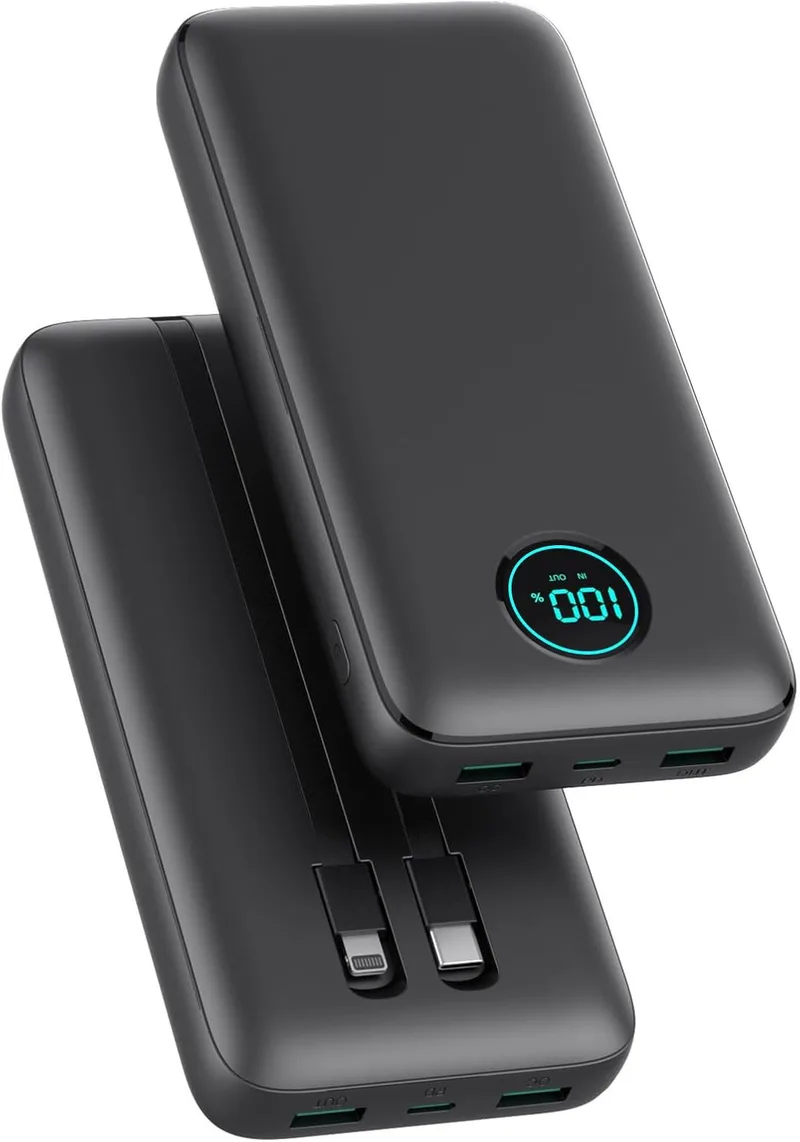 Pxwaxpy ▫️ Power Bank 26800mAh com cabo, bateria externa PD 25W QC4.0 Quick Charge USB C, bateria portátil de 5 saídas com ecrã LCD Carregador portátil para iPhone 16/15/14, Samsung Huawei (preto)