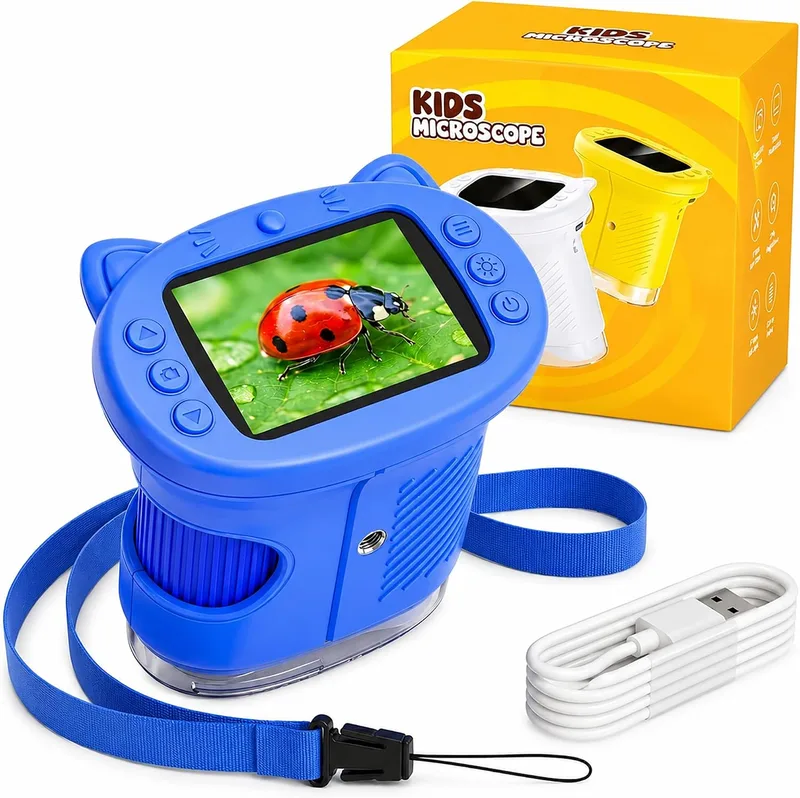 OAEBLLE ▫️ Microscópio para crianças, microscópio digital 1000X 4K com ecrã IPS de 2,4", 8 LEDs reguláveis, câmara de vídeo, recarregável via USB, lupa portátil, brinquedo STEM, presente de aniversário para crianças dos 3 aos 12 anos, azul