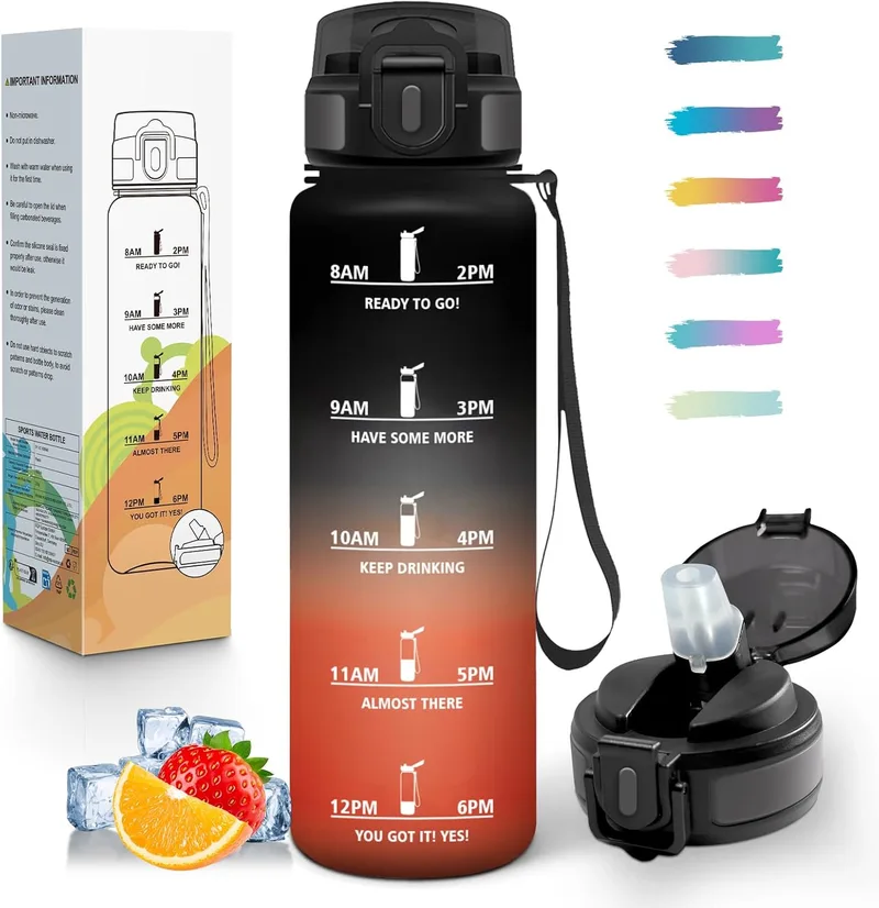 Mulbijeo ▫️ Garrafa de água de 1 litro, sem BPA e à prova de fugas, garrafa com palhinha, garrafa de água para fitness, com incentivo de tempo, portátil, garrafa de água para desporto, fitness, escola, ciclismo