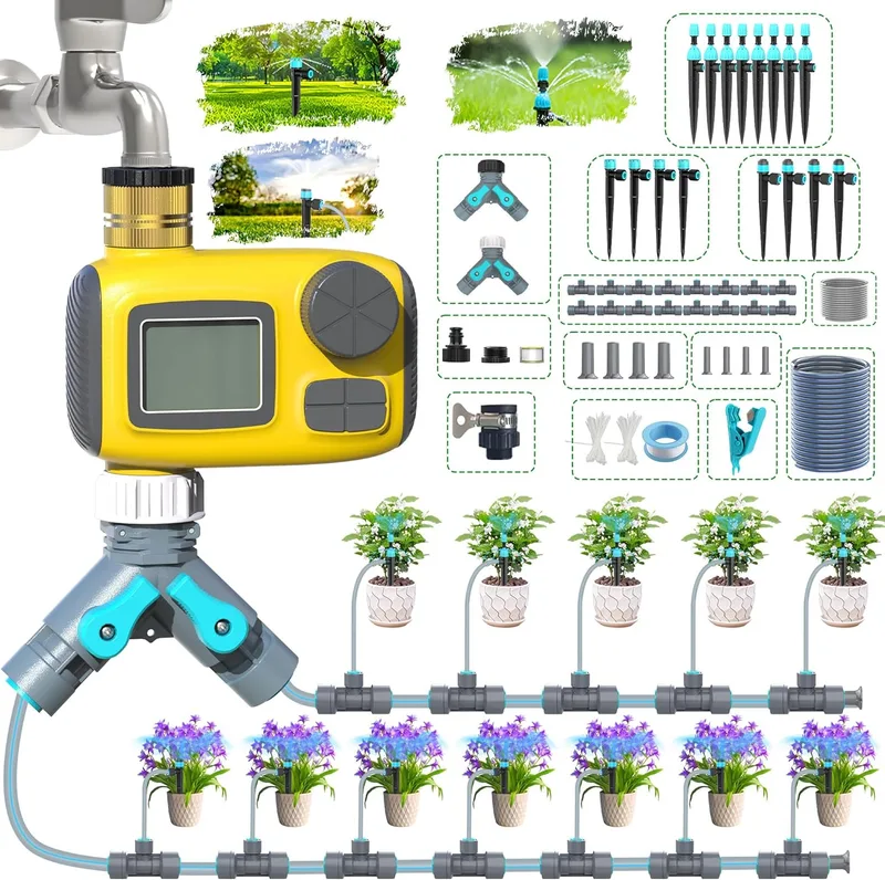 TRJZWA ▫️ Sistema de rega automático, temporizador de mangueira automático, kit de rega com ecrã LCD, 3 programas de rega independentes e 3 tipos de emissores de gotejamento, para jardim/estufa/relvado