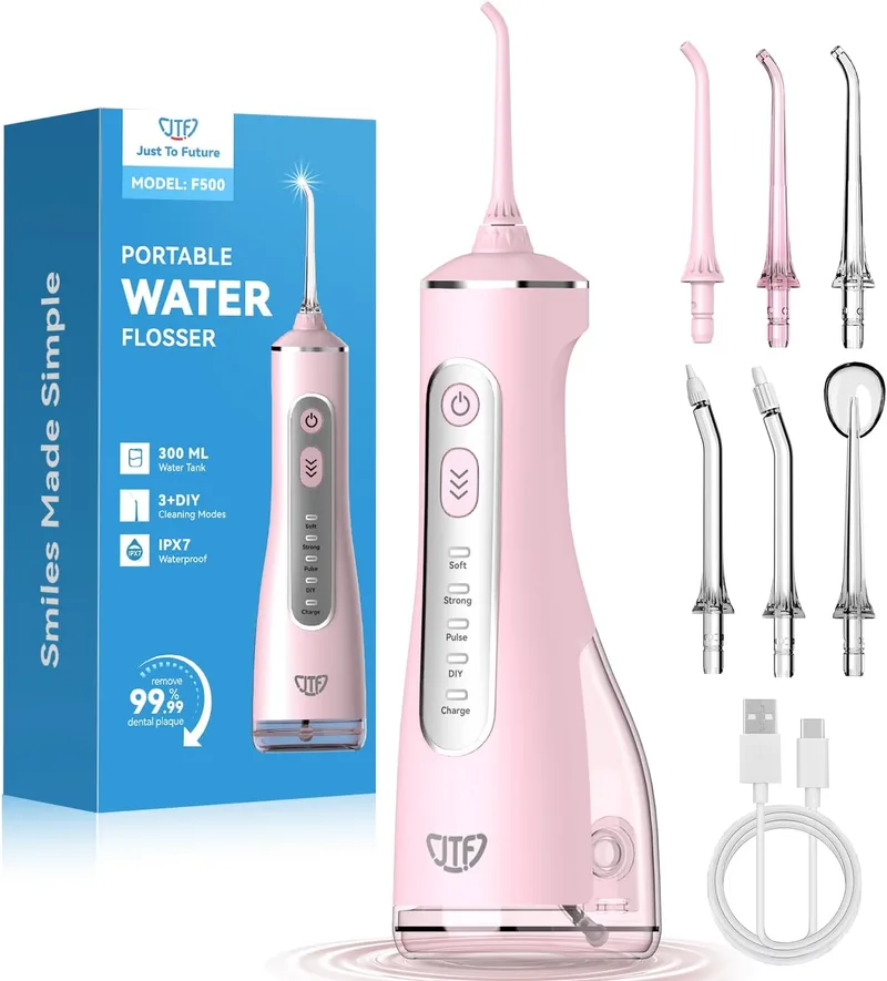 JTF ▫️ Irrigador Oral Elétrico 300ML, Irrigador Dentário 3+1 Modos, 6 Bicos IPX7 Limpador Dentário Portátil para Ortodontia/Gengivas Sensíveis - Limpeza dos Dentes em Casa Entusiasta da Saúde Ora(Rosa)