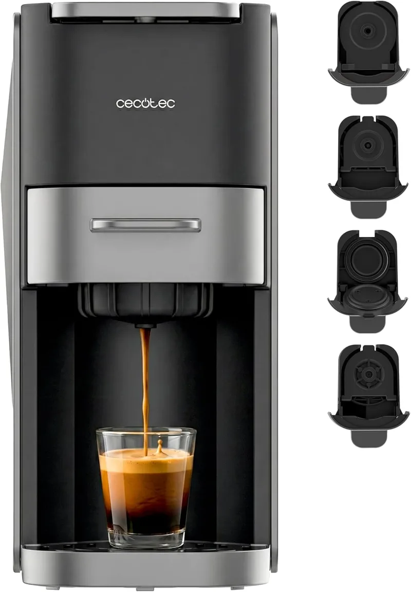 Cecotec ▫️ Cafeteira de cápsulas compacta FreeStyle Compact Dark Roast. 4 em 1, 1350W, 20 Barras, Adequada para Café Moído, Dolce Gusto, Nespresso, cápsula ESE e Senseo, Depósito de 700ml