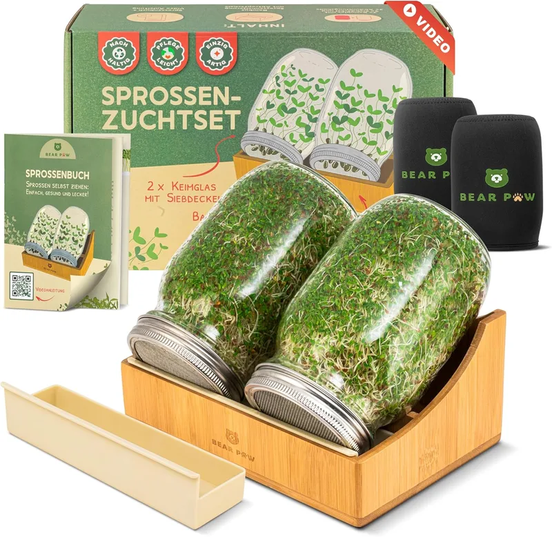 BEAR PAW ▫️ Copo de germinação com 2 copos de germinação de 1000 ml para rebentos e mudas (inclui suporte de bambu, mangas de escurecimento, curso de vídeo gratuito, livro de germinação), conjunto de