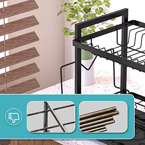 Gaethra ▫️ Escorredor de pratos de 2 níveis em aço inoxidável para cozinha, escorredor multifunções desmontável, escorredor de pratos para lava-loiça com tabuleiros de gotejamento, suporte para talheres e suporte para copos 4