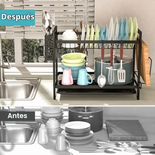 Gaethra ▫️ Escorredor de pratos de 2 níveis em aço inoxidável para cozinha, escorredor multifunções desmontável, escorredor de pratos para lava-loiça com tabuleiros de gotejamento, suporte para talheres e suporte para copos 7