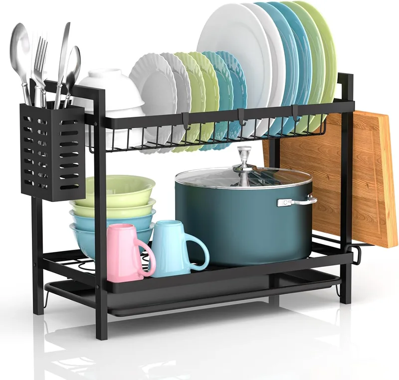 Gaethra ▫️ Escorredor de pratos de 2 níveis em aço inoxidável para cozinha, escorredor multifunções desmontável, escorredor de pratos para lava-loiça com tabuleiros de gotejamento, suporte para talheres e suporte para copos