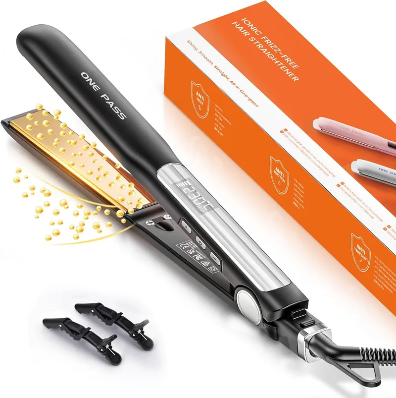 Faszin ▫️ Alisador de cabelo 2 em 1 20s de aquecimento, alisador de cabelo de iões de titânio, ecrã LCD transparente, ideal para alisar, encaracolar e ondular - preto