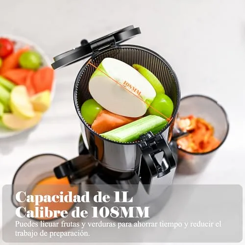 Fretta ▫️ Extrator de sumos e vegetais abertura de 108 mm e capacidade de 1 l, liquidificador de prensagem a frio para vegetais e frutas inteiras, máquina de sumos a baixa velocidade de 200 W, fácil montagem e limpeza, sem BPA (preto) 2