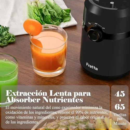 Fretta ▫️ Extrator de sumos e vegetais abertura de 108 mm e capacidade de 1 l, liquidificador de prensagem a frio para vegetais e frutas inteiras, máquina de sumos a baixa velocidade de 200 W, fácil montagem e limpeza, sem BPA (preto) 4