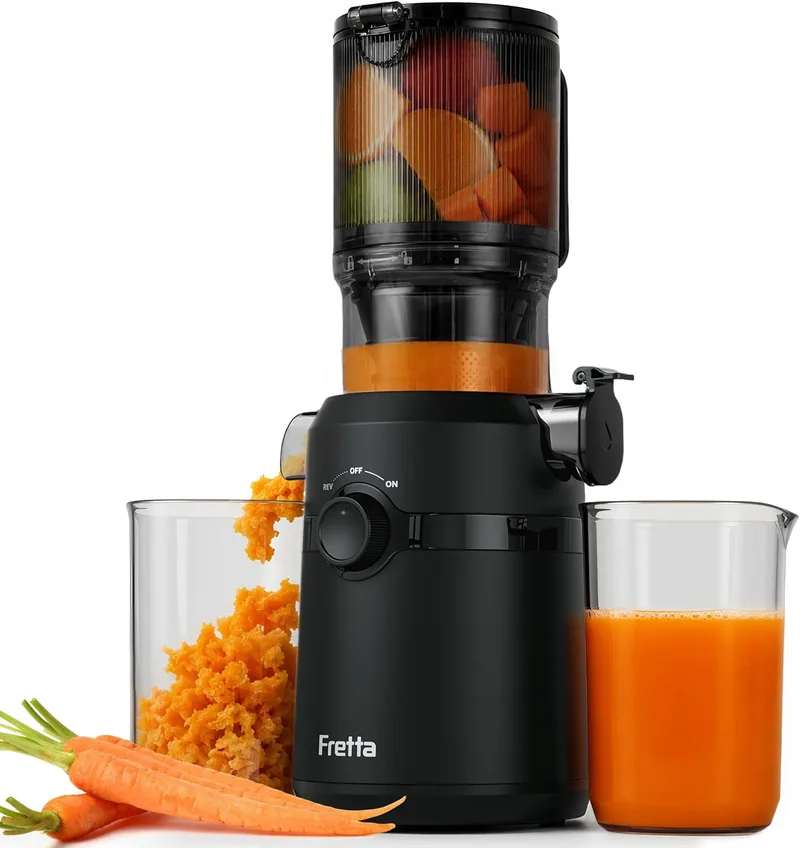 Fretta ▫️ Extrator de sumos e vegetais abertura de 108 mm e capacidade de 1 l, liquidificador de prensagem a frio para vegetais e frutas inteiras, máquina de sumos a baixa velocidade de 200 W, fácil montagem e limpeza, sem BPA (preto)
