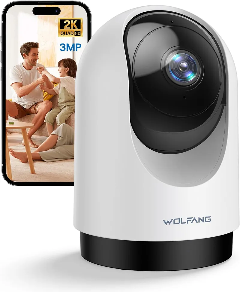 WOLFANG ▫️ Câmara de vigilância Wi-Fi para interiores 2K com deteção de movimento, câmara de vigilância para bebés/cães com PTZ de 360° e acompanhamento, áudio bidirecional, visão noturna nítida, compatível com Alexa, 2,4 GHz