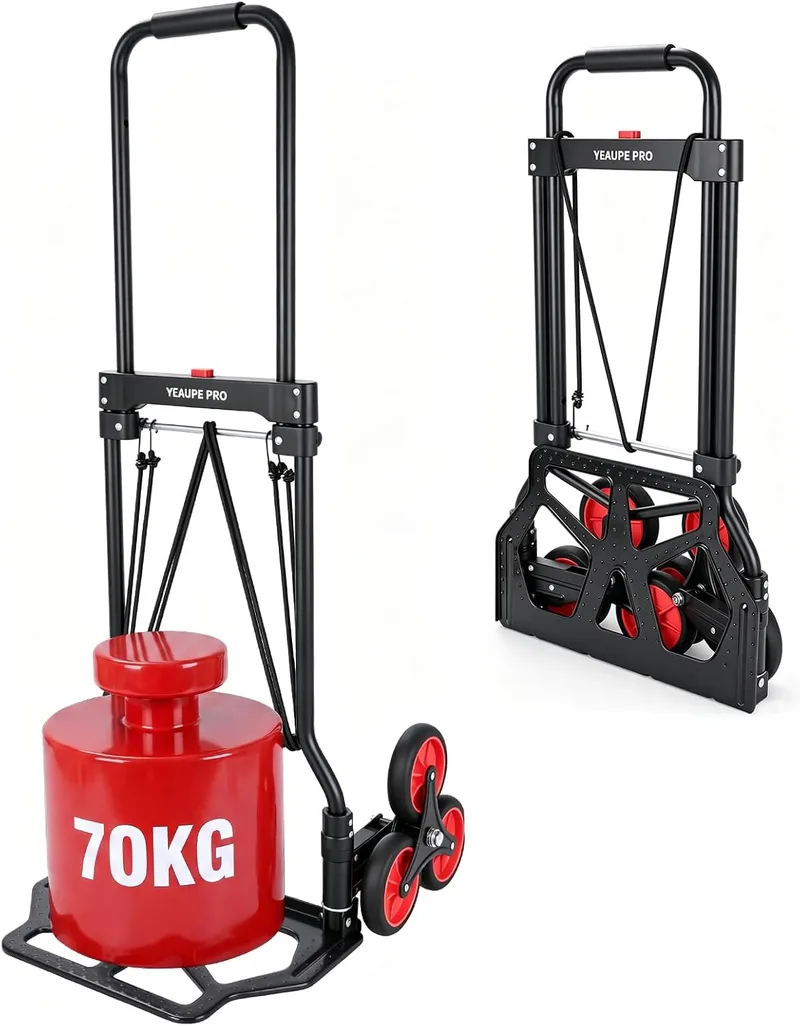 YEAUPE PRO ▫️ Carrinho dobrável, carrinho de mão – Rodas grandes em TPR reforçadas, cabo telescópico ajustável, inclui 2 cordas elásticas, ideal para subir e descer, 70 kg – Sobe escadas – Preto