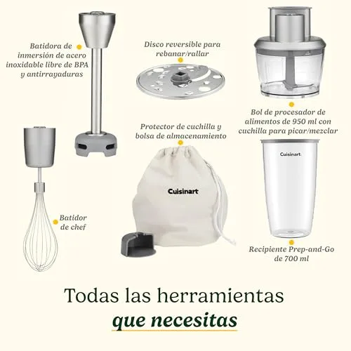 CUISINART ▫️ Batedora de imersão Power Blend de 400 W com velocidade variável, lâmina em aço inoxidável, copo anti-riscos sem BPA, taça do processador, batedor e recipiente Prep-and-Go. 3